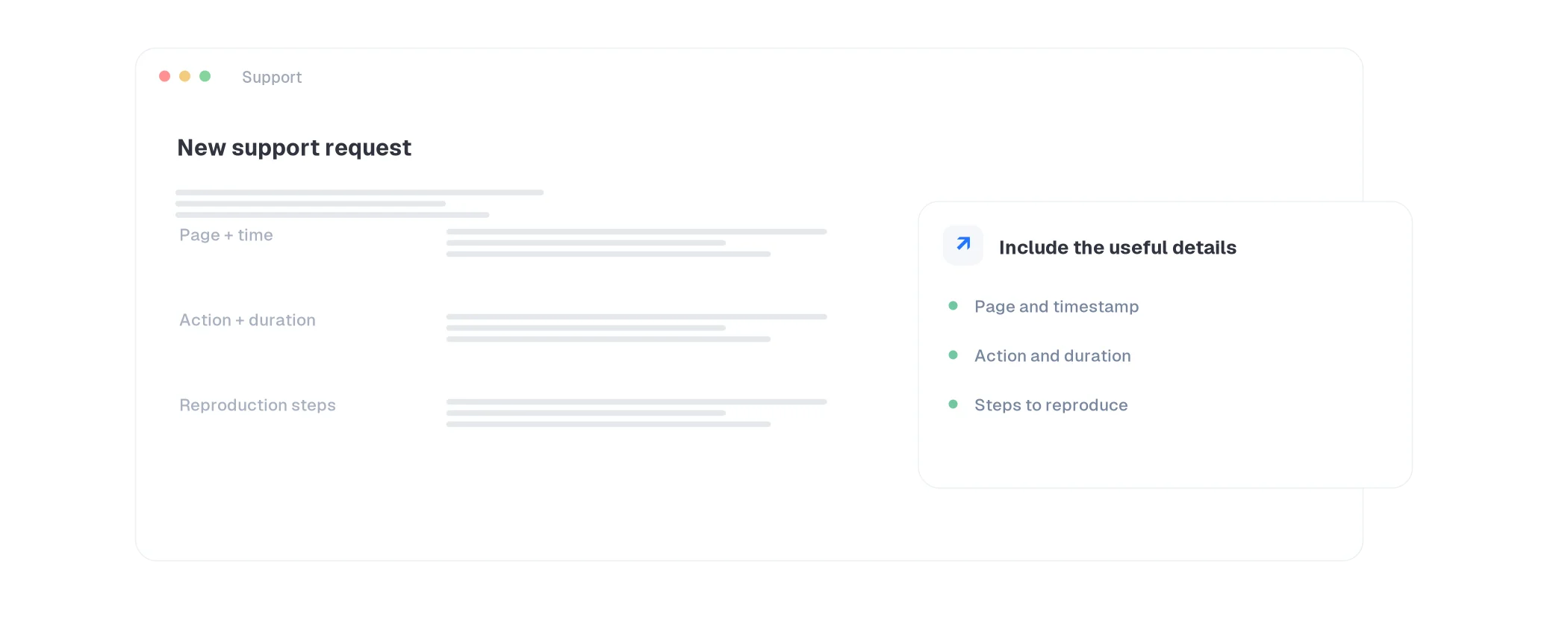 Handoff card summarizing action name, timing, reproduction steps, and system logs